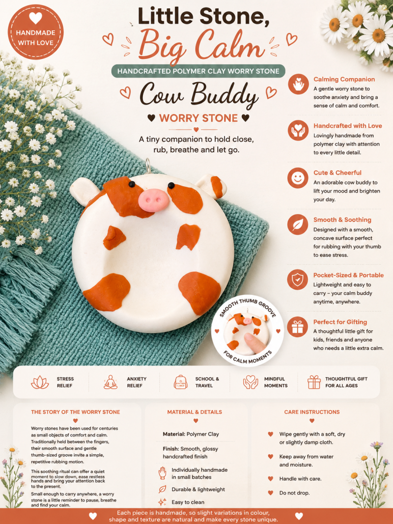 Moo Mood Worry Stone – Handcrafted Polymer Clay Charm