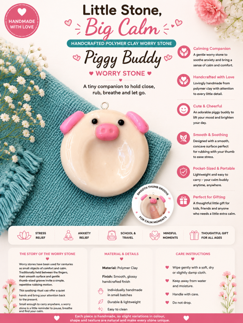 Little Piggy Worry Stone – Handcrafted Polymer Clay Charm