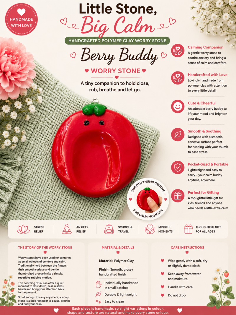 Berry Red Worry Stone – Handcrafted Polymer Clay Charm