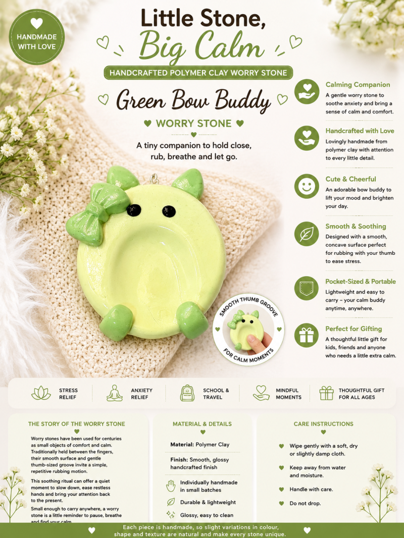 Green Bow Buddy – Polymer Clay Worry Stone