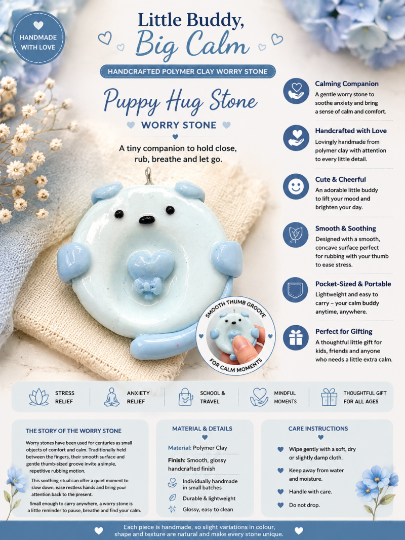 Puppy Hug – Blue Polymer Clay Worry Stone