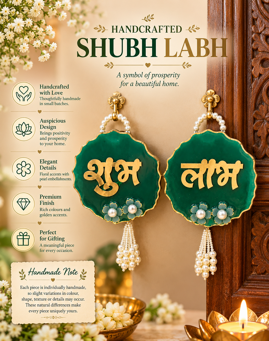 Shubh Labh Resin Door Hanging – Handcrafted Emerald Green & Gold with Pearl Tassels
